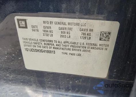 2016 Chevrolet Sonic Lt Auto из США, поврежденный, VIN 1G1JC5SH3G4166813